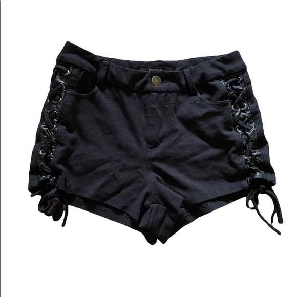 Forever 21 Pants - Forever 21 Black Stretchy Shorts with Leather-look Braids on sides